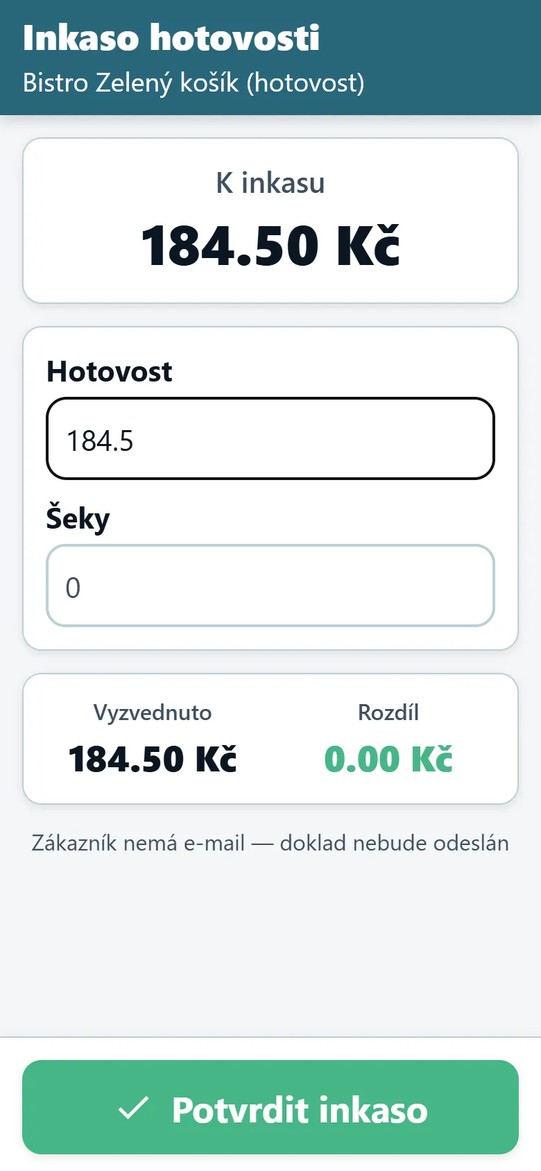 Obrazovka výběru hotovosti v aplikaci OptiRoutes pro řidiče s dlužnou částkou a poli pro hotovost a šeky