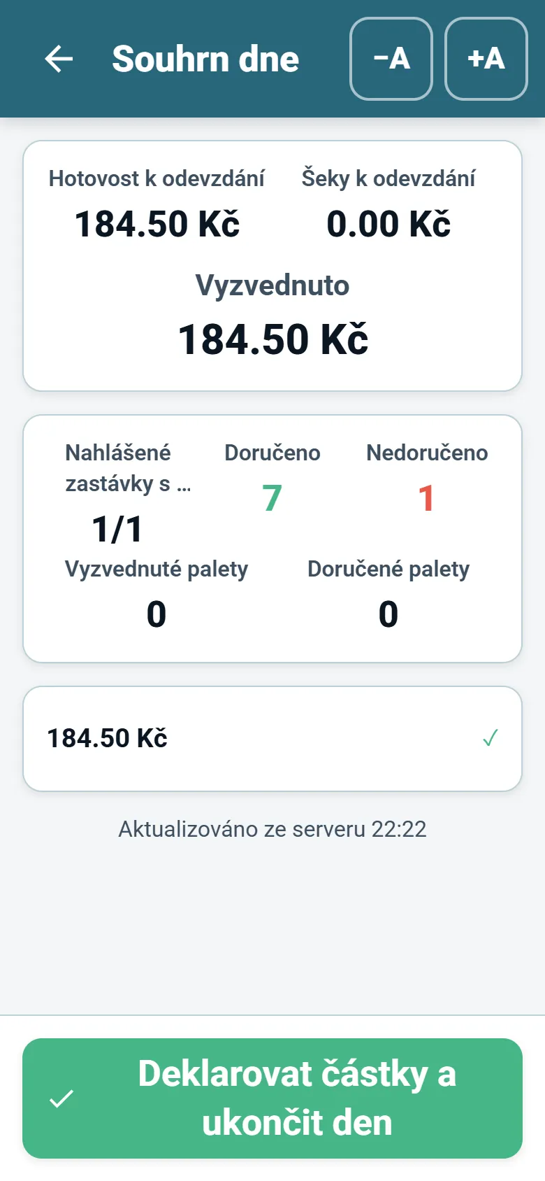 Obrazovka souhrnu dne v aplikaci Optiroutes Driver