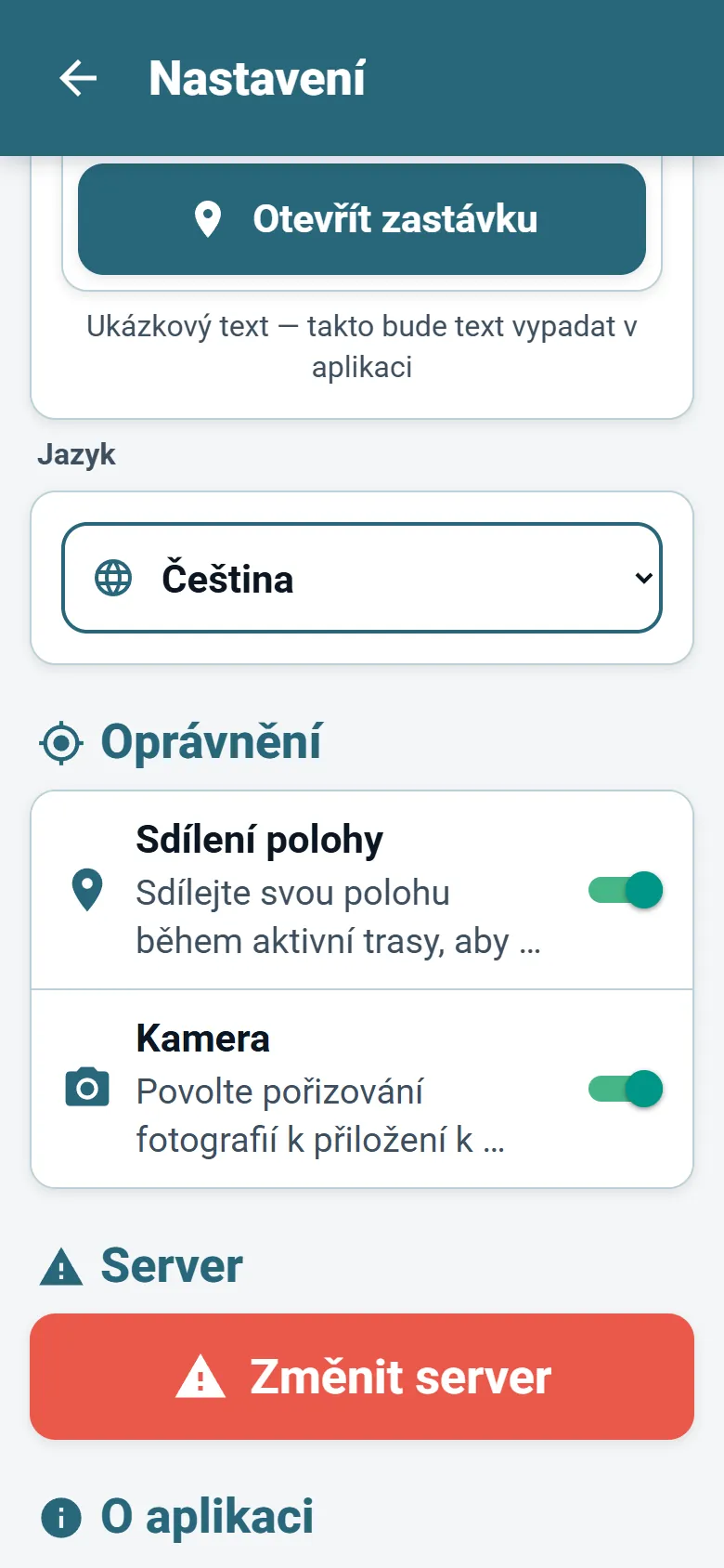Menu aplikace Optiroutes Driver se seznamem jazyků a volbou režimu zobrazení