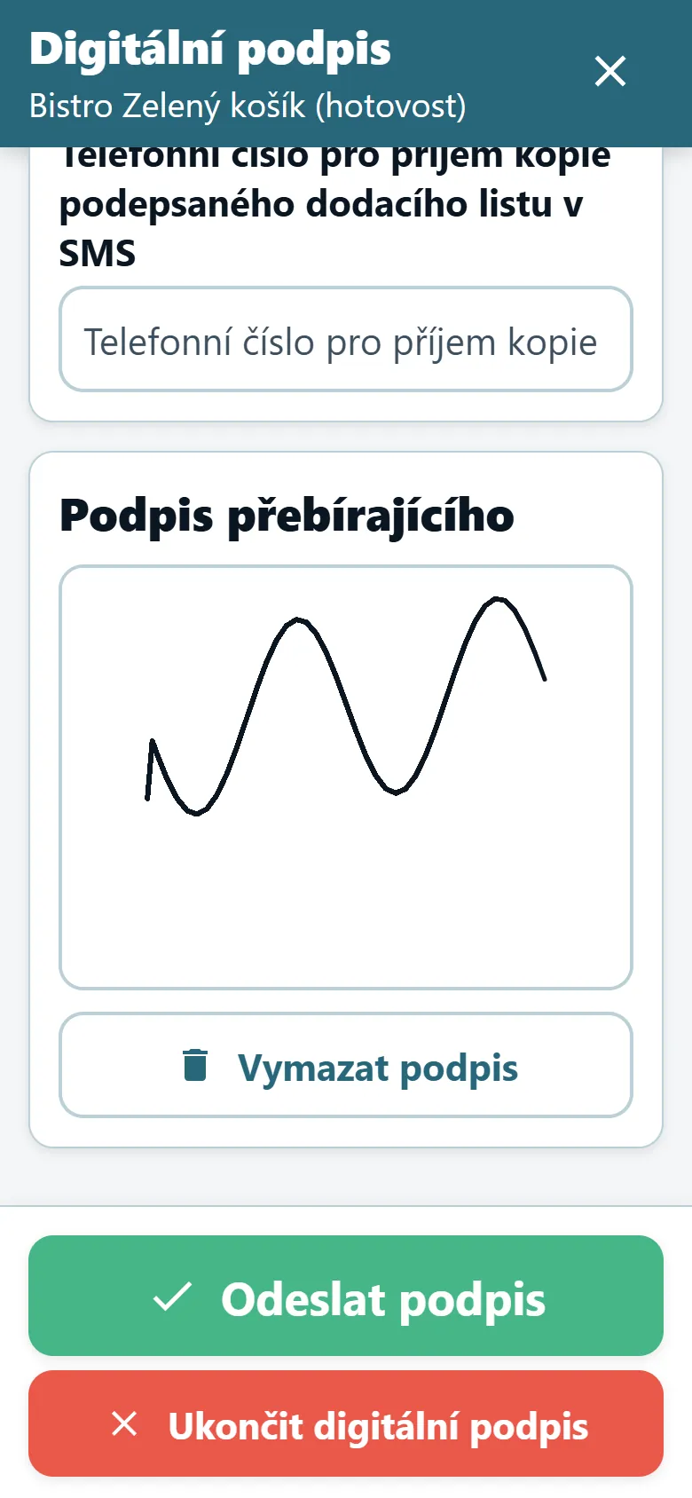 Obrazovka dokladu o doručení v aplikaci OptiRoutes pro řidiče s podpisovým polem a nakresleným podpisem