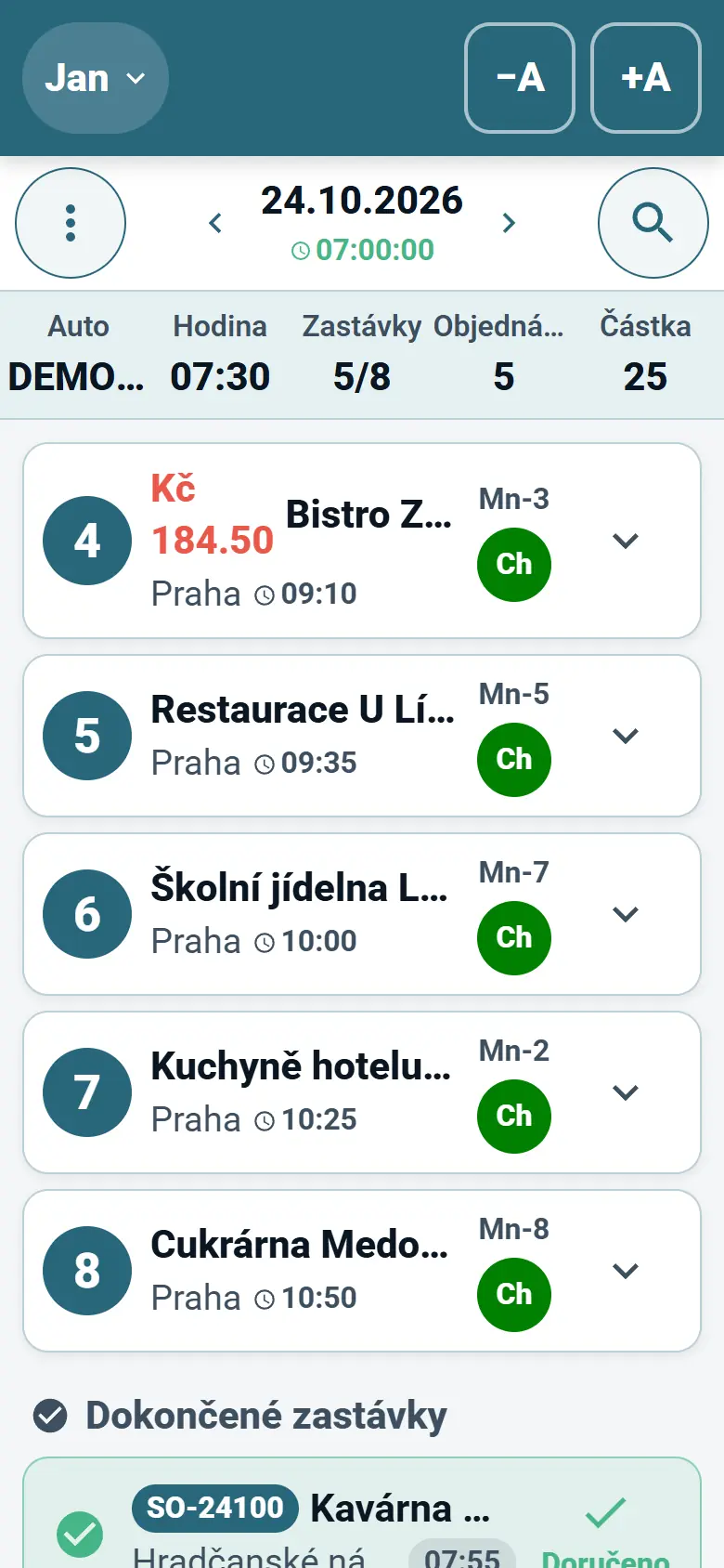 Úvodní obrazovka aplikace Optiroutes Driver se seznamem dnešních zastávek