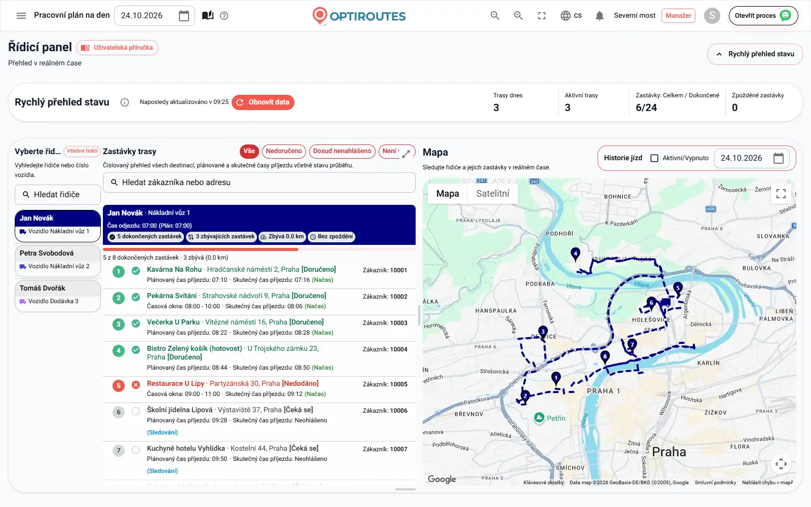 Obrazovka Distribuce v reálném čase v OptiRoutes s trasami řidičů na živé mapě a seznamem zastávek se stavy