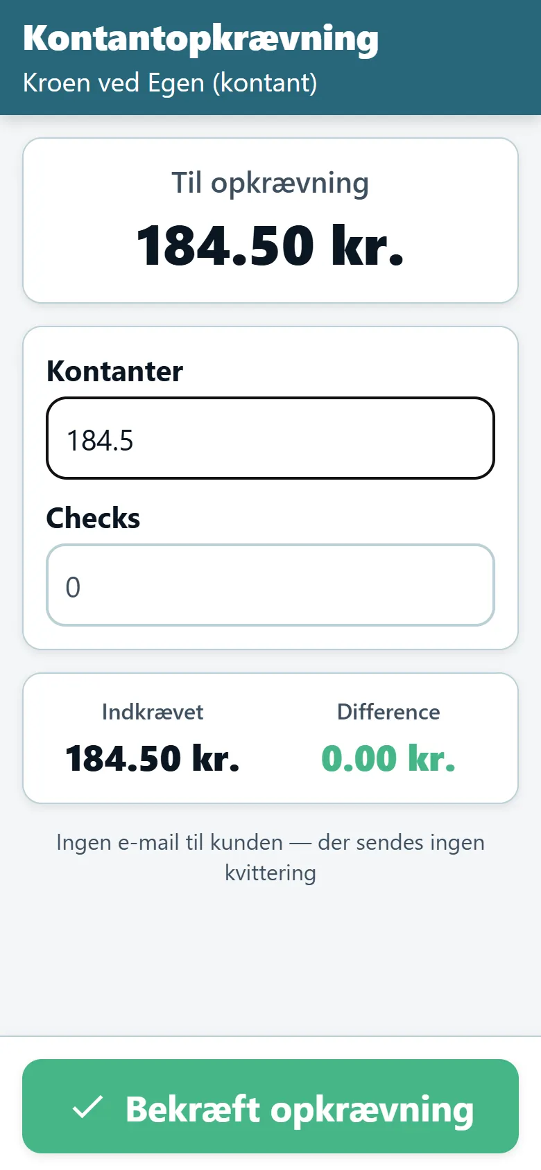 Opkrævningsskærm i OptiRoutes' chaufførapp med det skyldige beløb og felter til kontanter og checks