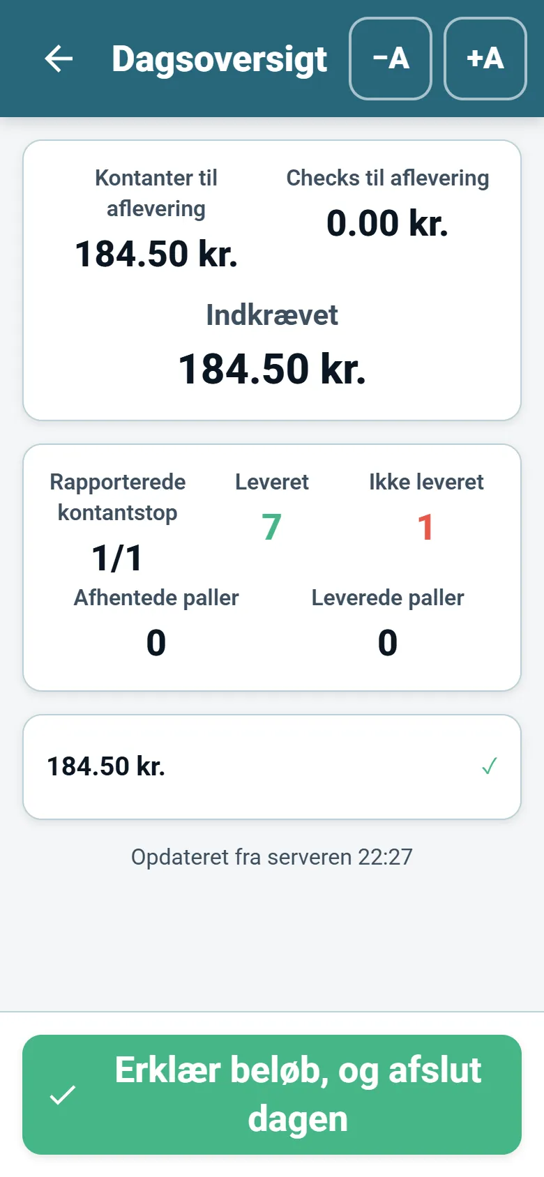 Skærmen med dagsopsummering i Optiroutes Driver