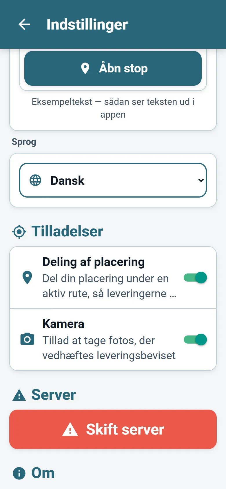 Menuen i Optiroutes Driver med sproglisten og valg af visning