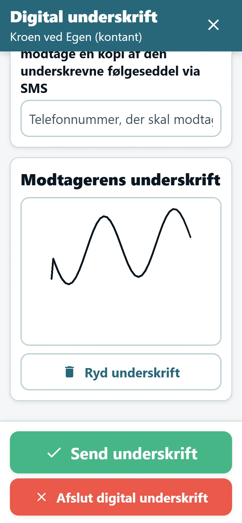 Skærm til leveringsbevis i OptiRoutes' chaufførapp med et underskriftsfelt og en tegnet underskrift