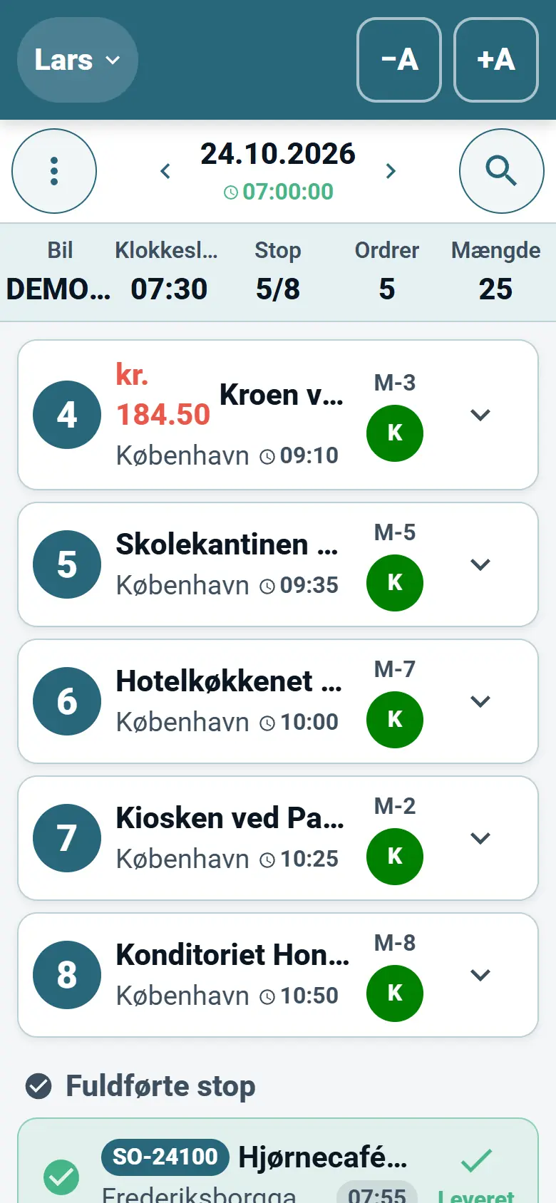 Startskærmen i appen Optiroutes Driver med listen over dagens stop