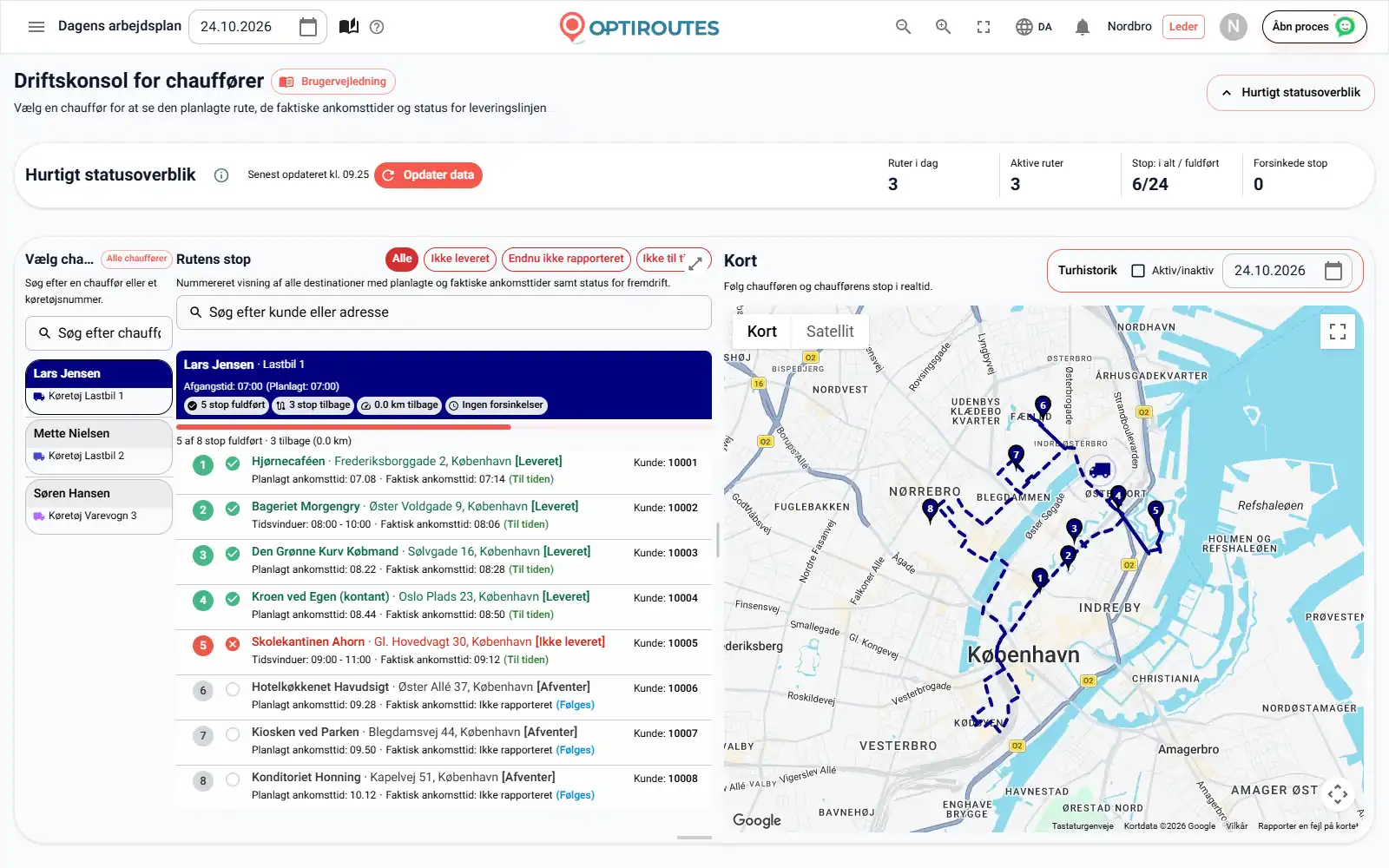 OptiRoutes' skærm Distribution i realtid med chaufførruter på et livekort og en stopliste med statusser