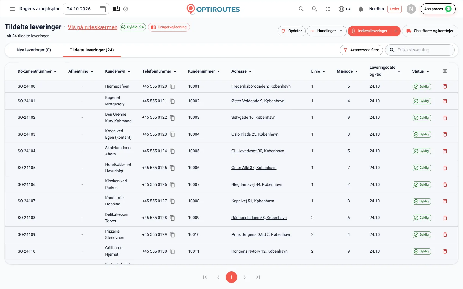 OptiRoutes' skærm for ordrer med en liste over leveringer og deres adressestatus
