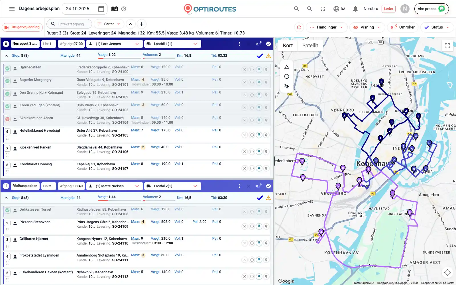 OptiRoutes' skærm for ruter med rutekort, der viser stop, vægt, volumen og paller