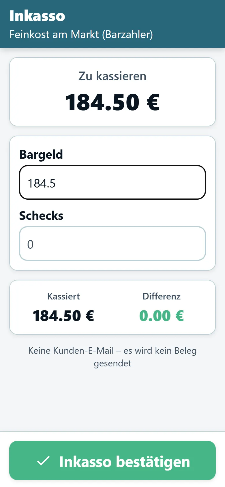 Inkasso-Bildschirm der Fahrer-App von OptiRoutes mit fälligem Betrag und Feldern für Bargeld und Schecks