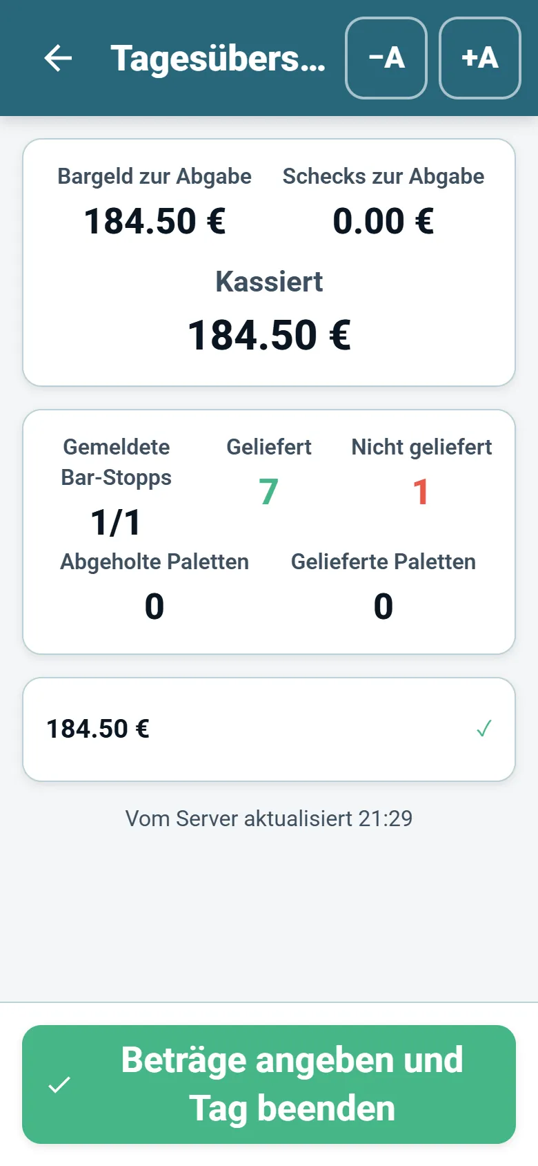 Bildschirm mit der Tageszusammenfassung in Optiroutes Driver