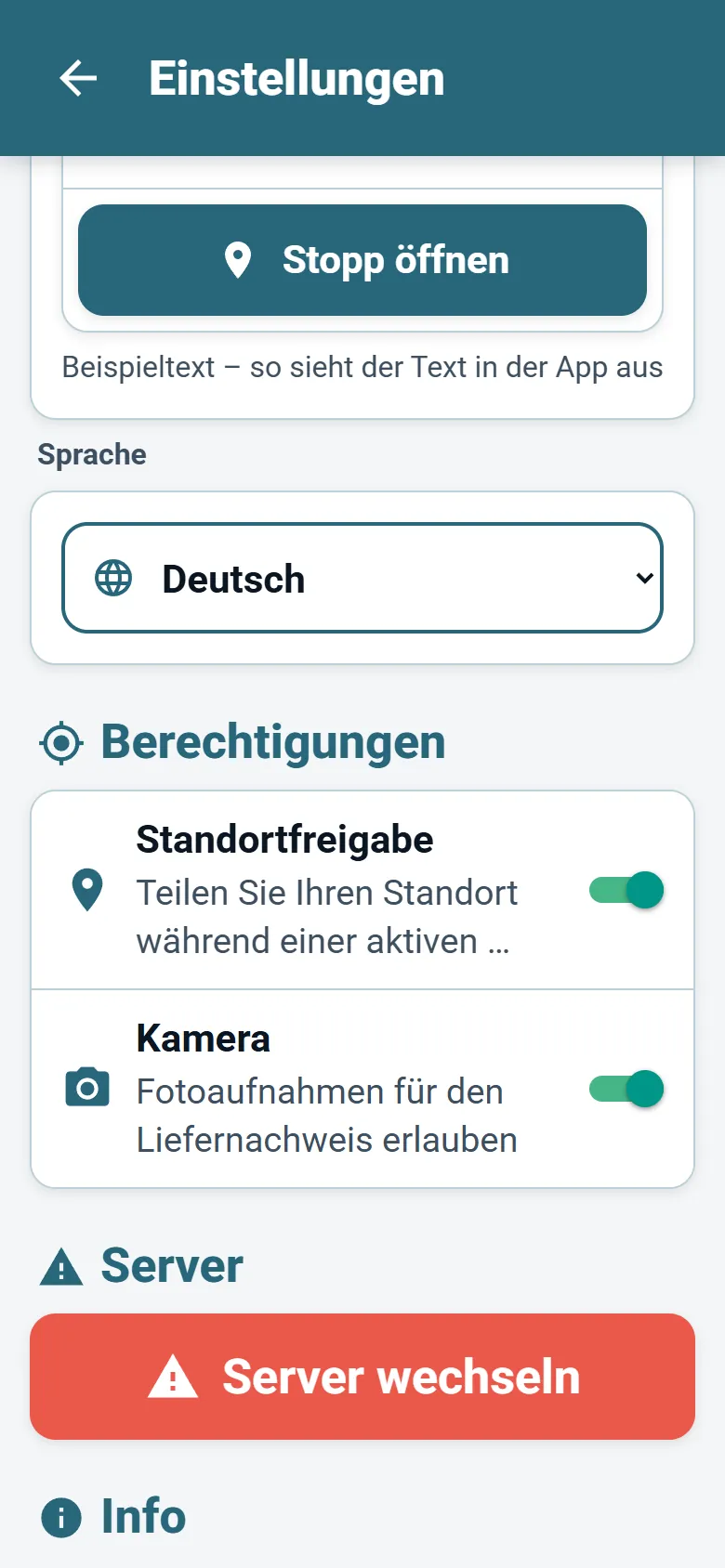 Menü von Optiroutes Driver mit Sprachliste und Auswahl des Anzeigemodus