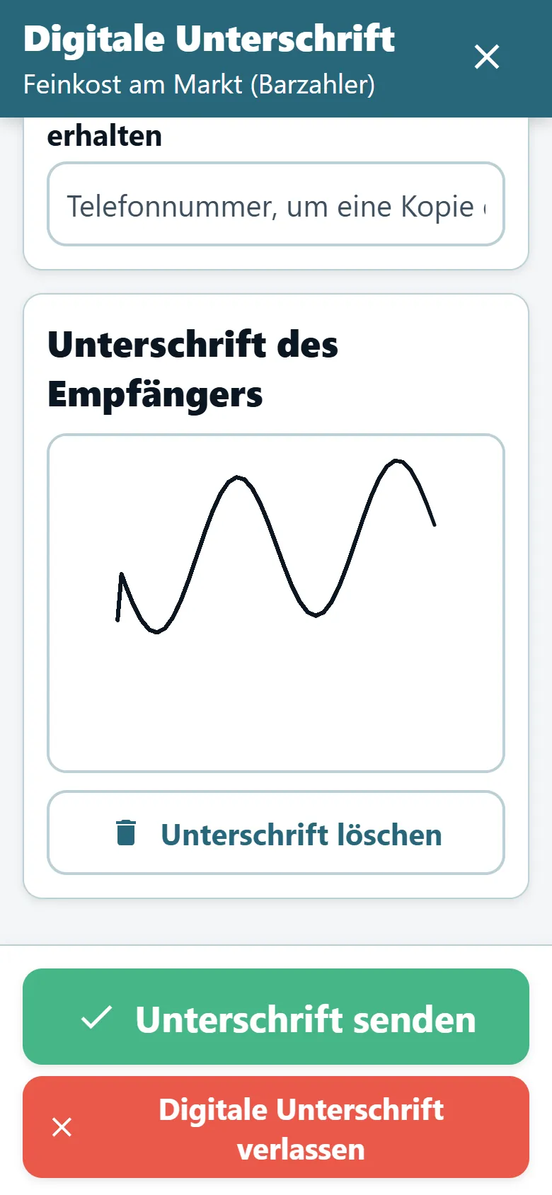 Liefernachweis-Bildschirm der Fahrer-App von OptiRoutes mit Unterschriftsfeld und gezeichneter Unterschrift