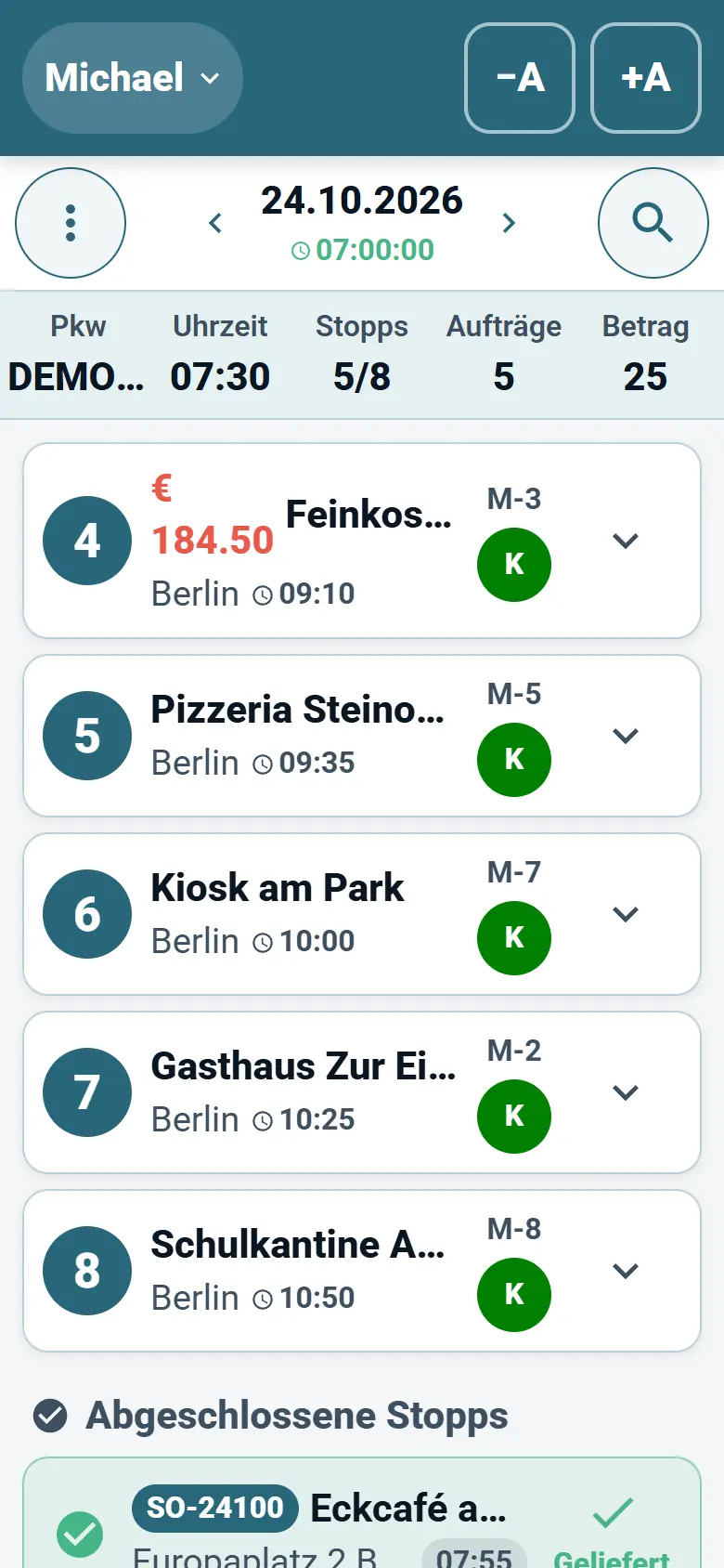Startbildschirm der App Optiroutes Driver mit der Liste der heutigen Stopps