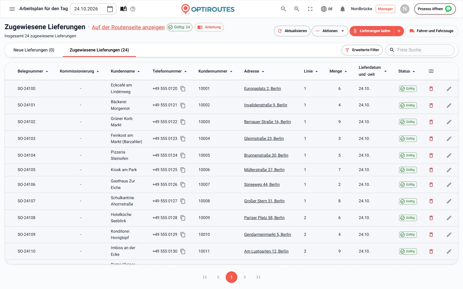 Lieferungsbildschirm von OptiRoutes mit einer Liste von Lieferungen und ihrem Adressstatus