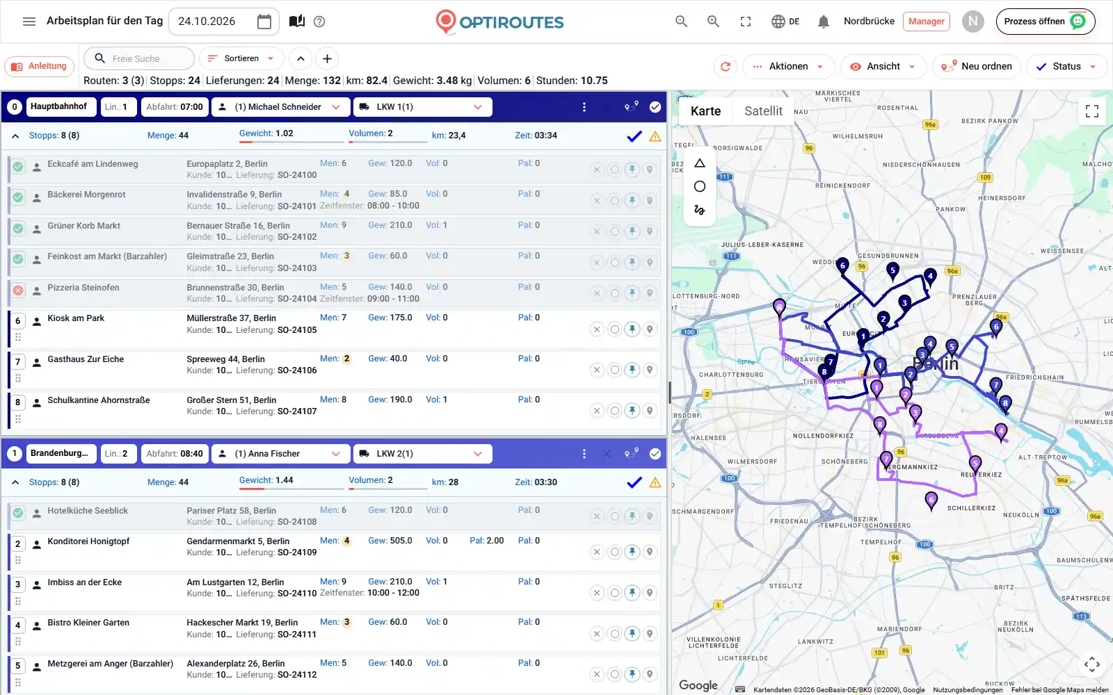 Routenbildschirm von OptiRoutes mit Routenkarten und Kennzahlen zu Stopps, Gewicht, Volumen und Paletten