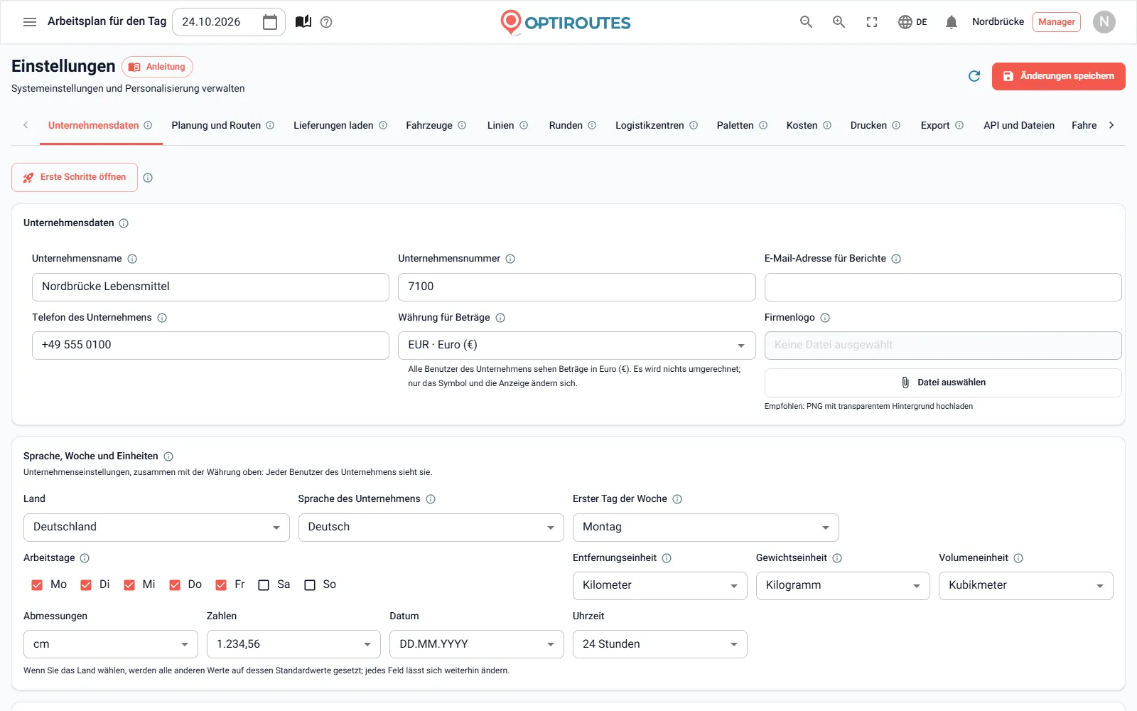 Einstellungsbildschirm von OptiRoutes mit Unternehmenssprache, Währung, Einheiten und erstem Wochentag