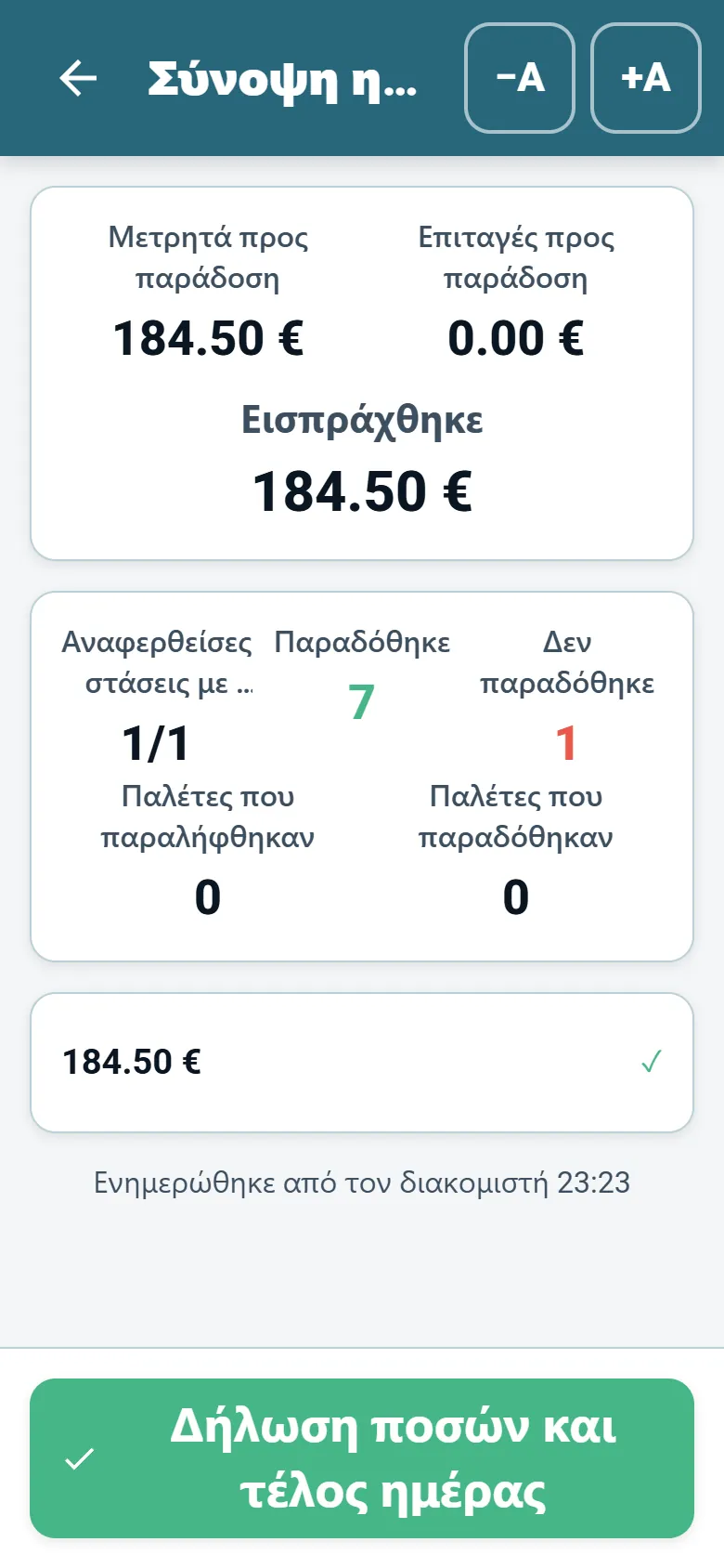 Σύνοψη τέλους ημέρας της εφαρμογής οδηγού του OptiRoutes με τα εισπραχθέντα σύνολα και τη δήλωση του οδηγού