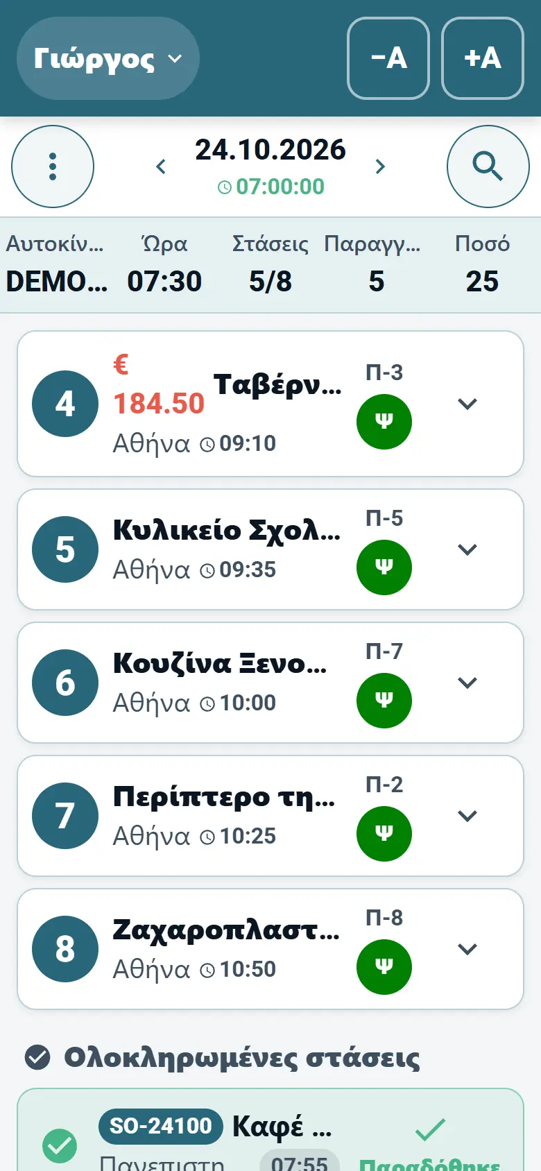 Η εφαρμογή οδηγού του OptiRoutes δείχνει τη σημερινή διαδρομή ως λίστα στάσεων παράδοσης
