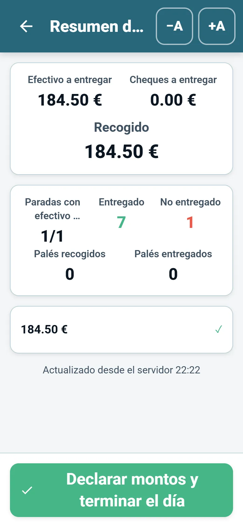 Resumen de fin de jornada de la aplicación del conductor de OptiRoutes con los totales cobrados y la declaración del conductor