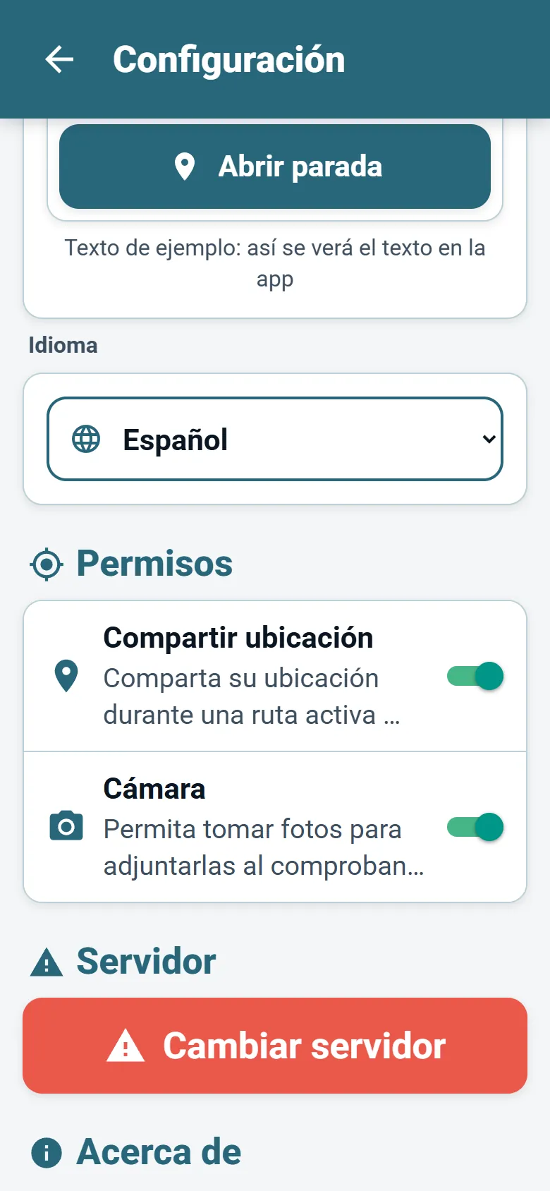 Menú de la aplicación del conductor de OptiRoutes con el selector de idioma y las opciones de modo de visualización