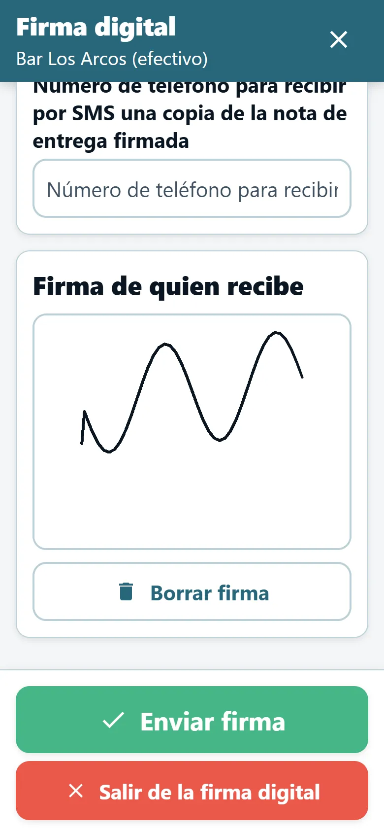 Pantalla de prueba de entrega de la aplicación del conductor de OptiRoutes con un panel de firma y una firma dibujada