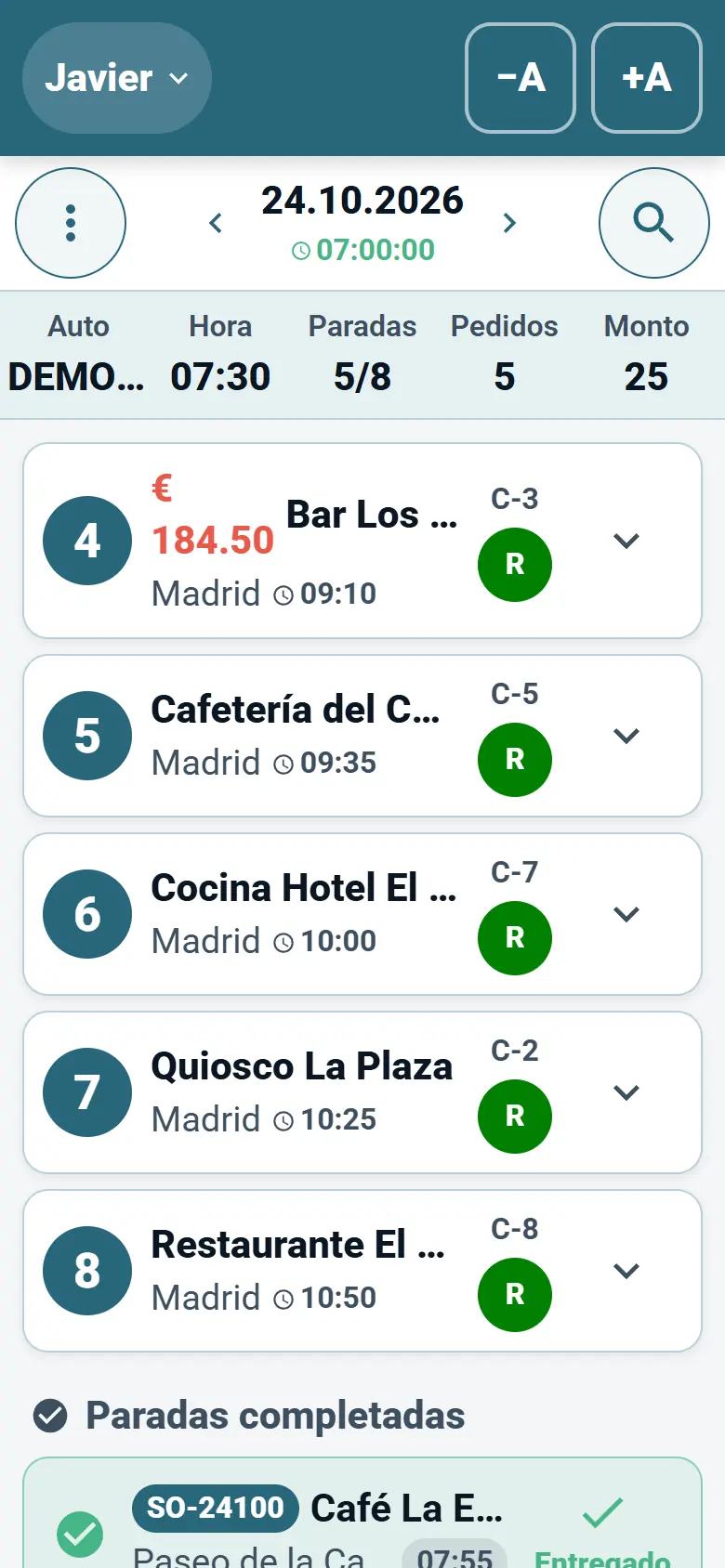 Aplicación del conductor de OptiRoutes con la ruta del día como lista de paradas de entrega