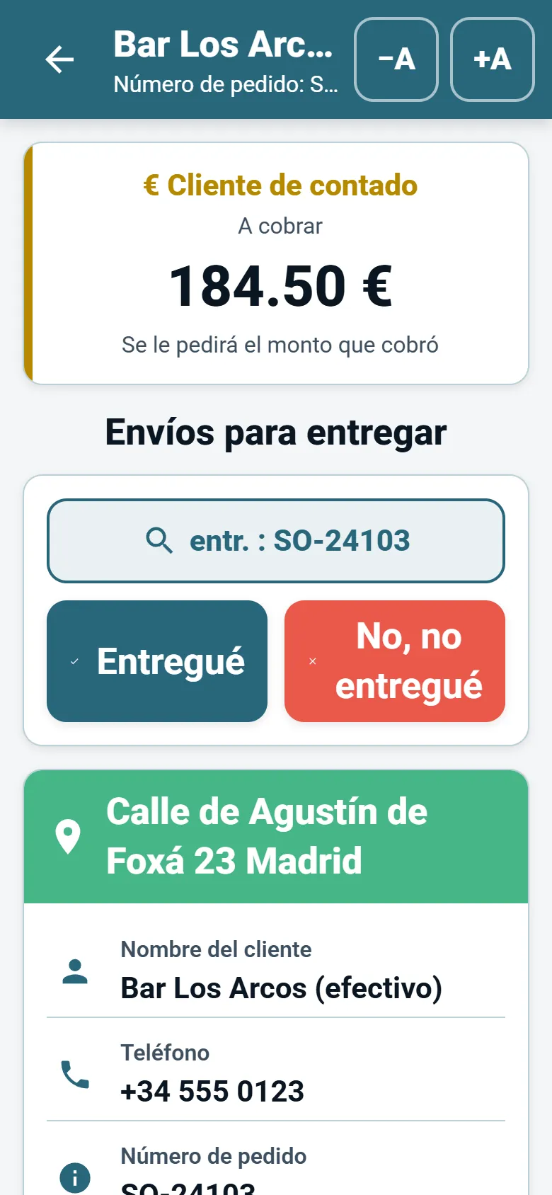 Pantalla de parada de la aplicación del conductor de OptiRoutes con datos del cliente, botón de navegación y botones de informe de entrega
