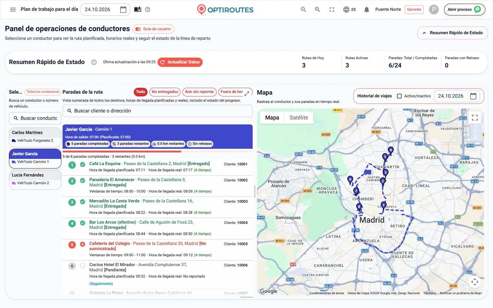 Lista de distribución en tiempo real de OptiRoutes con paradas marcadas a tiempo, con retraso o con adelanto frente a sus ventanas de tiempo