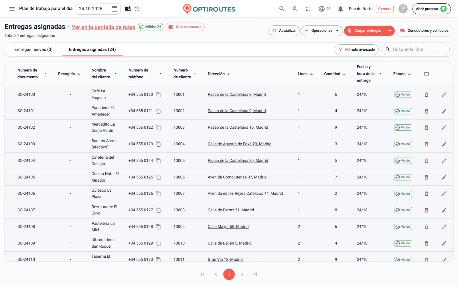 Pantalla de pedidos de OptiRoutes con las entregas del día, etiquetas de estado de dirección y una columna de selección