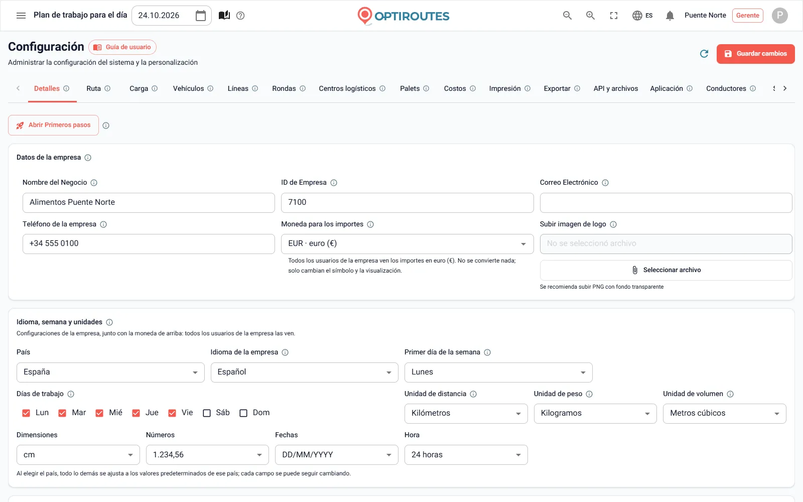 Pantalla de configuración de OptiRoutes con el idioma de la empresa, la moneda, las unidades y el primer día de la semana