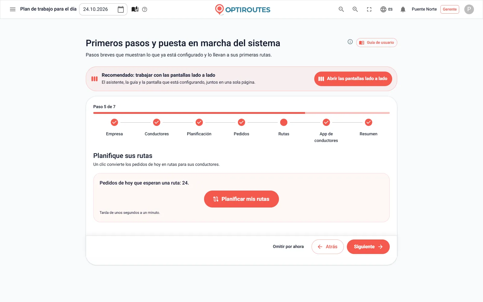 Asistente de Primeros pasos de OptiRoutes, paso 5, con el botón Planificar mis rutas