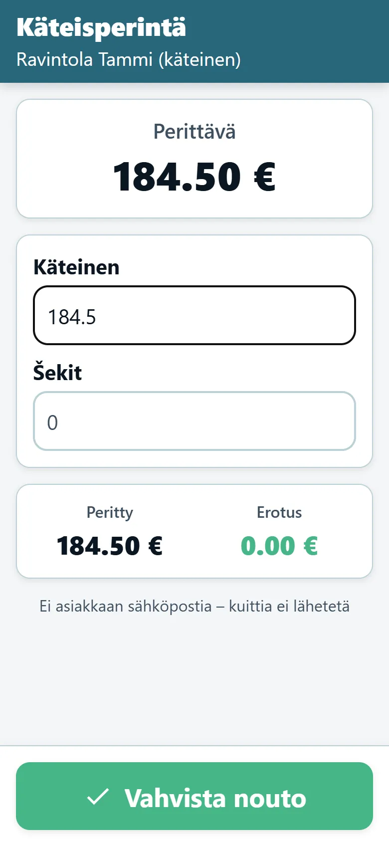 OptiRoutesin kuljettajasovelluksen käteisperintänäkymä, jossa näkyvät perittävä summa sekä käteisen ja šekkien kentät