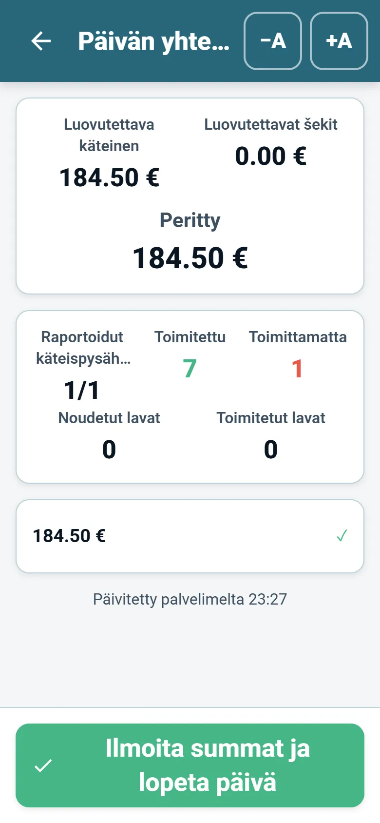 OptiRoutesin kuljettajasovelluksen päivän yhteenveto perityin kokonaissummin ja kuljettajan ilmoituksin
