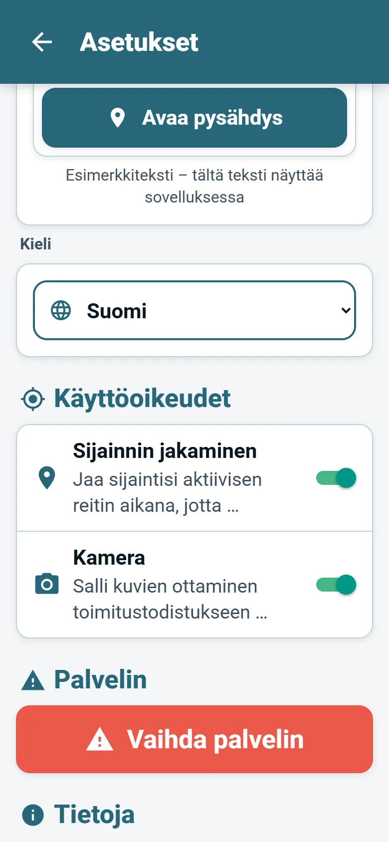 OptiRoutesin kuljettajasovelluksen valikko, jossa ovat kielivalitsin ja näyttötilan vaihtoehdot