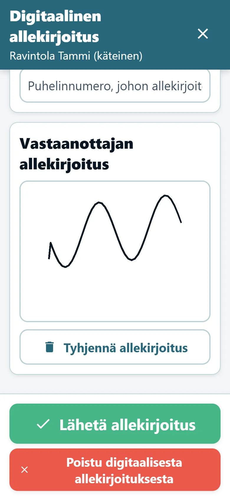 OptiRoutesin kuljettajasovelluksen toimitustodistusnäkymä, jossa on allekirjoituskenttä ja piirretty allekirjoitus