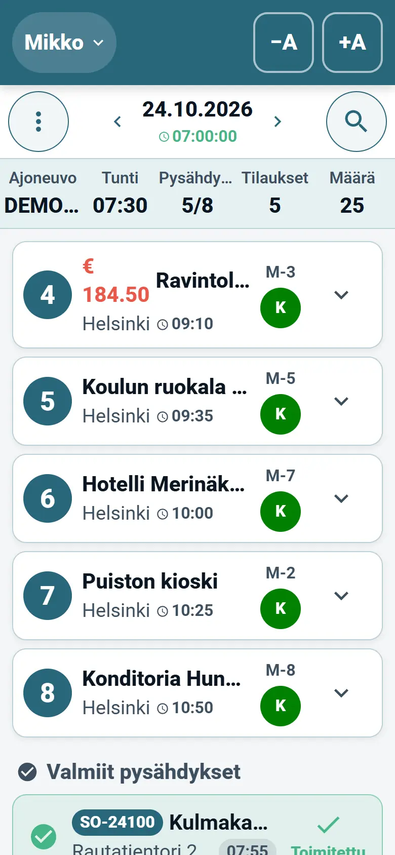 OptiRoutesin kuljettajasovellus, jossa päivän reitti näkyy toimituspysähdysten luettelona