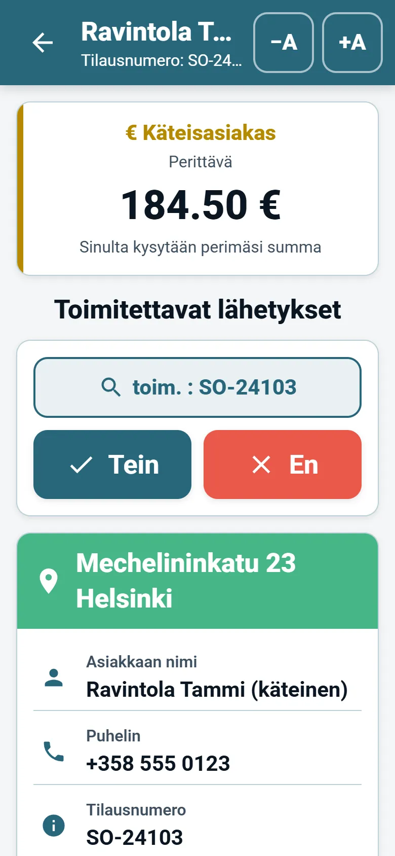 OptiRoutesin kuljettajasovelluksen pysähdysnäkymä, jossa ovat asiakkaan tiedot, navigointipainike ja toimitusraportin painikkeet