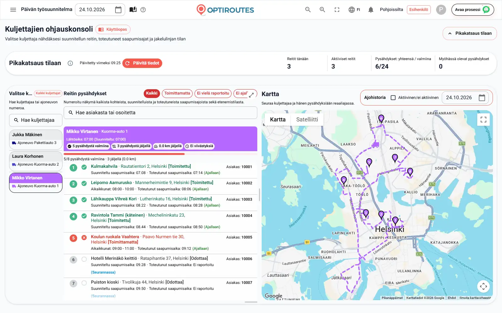 OptiRoutesin reaaliaikaisen jakelun luettelo, jossa pysähdykset on merkitty ajallaan, myöhässä tai etuajassa aikaikkunoihinsa nähden