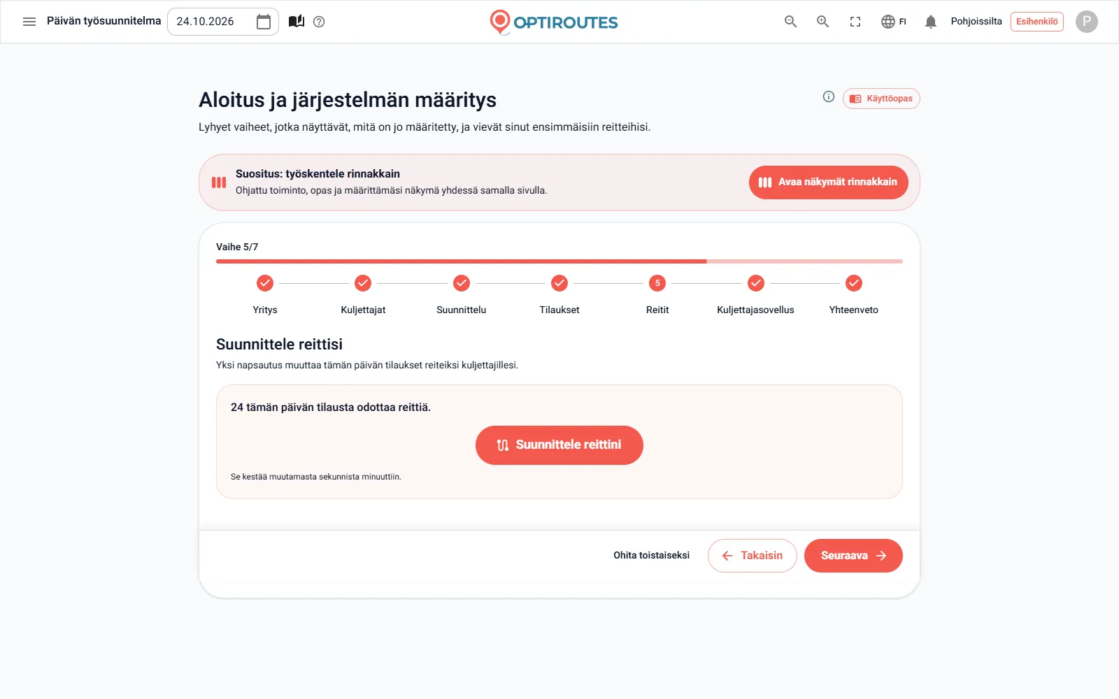 OptiRoutesin aloitusopastuksen vaihe 5 ja Suunnittele reittini -painike