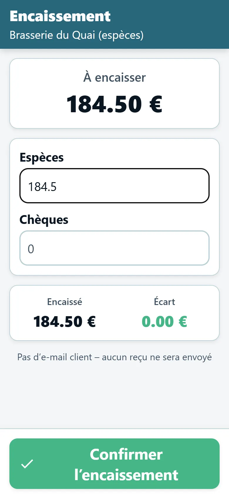 Écran d’encaissement de l’application chauffeur OptiRoutes affichant le montant dû et les champs espèces et chèques