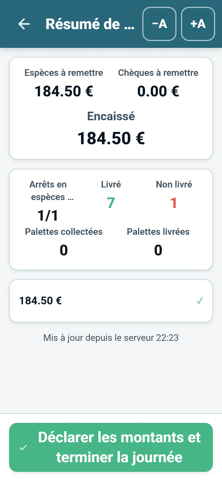 Récapitulatif de fin de journée de l’application chauffeur OptiRoutes avec les totaux encaissés et la déclaration du chauffeur