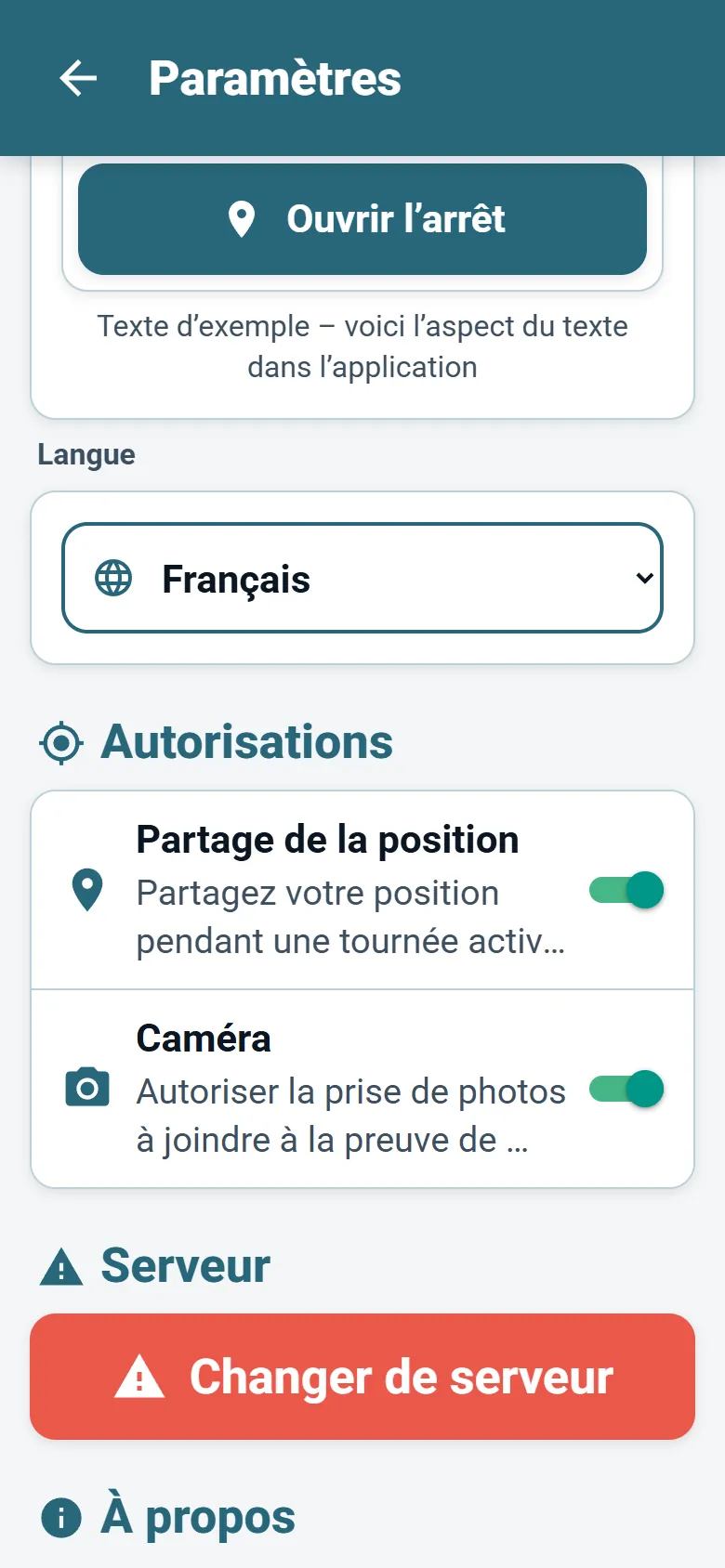 Menu de l’application chauffeur OptiRoutes avec le choix de la langue et les options du mode d’affichage