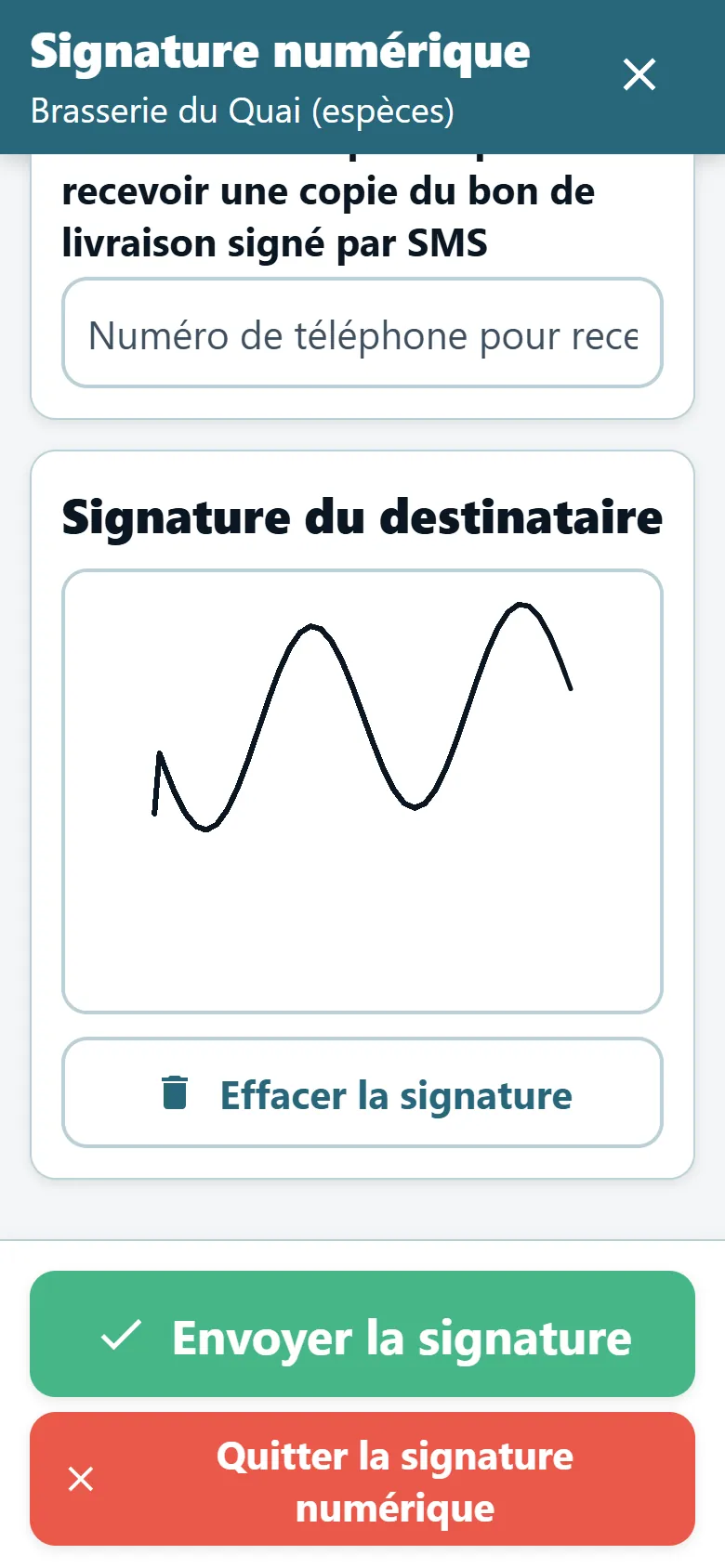 Écran de preuve de livraison de l’application chauffeur OptiRoutes avec un pavé de signature et une signature tracée