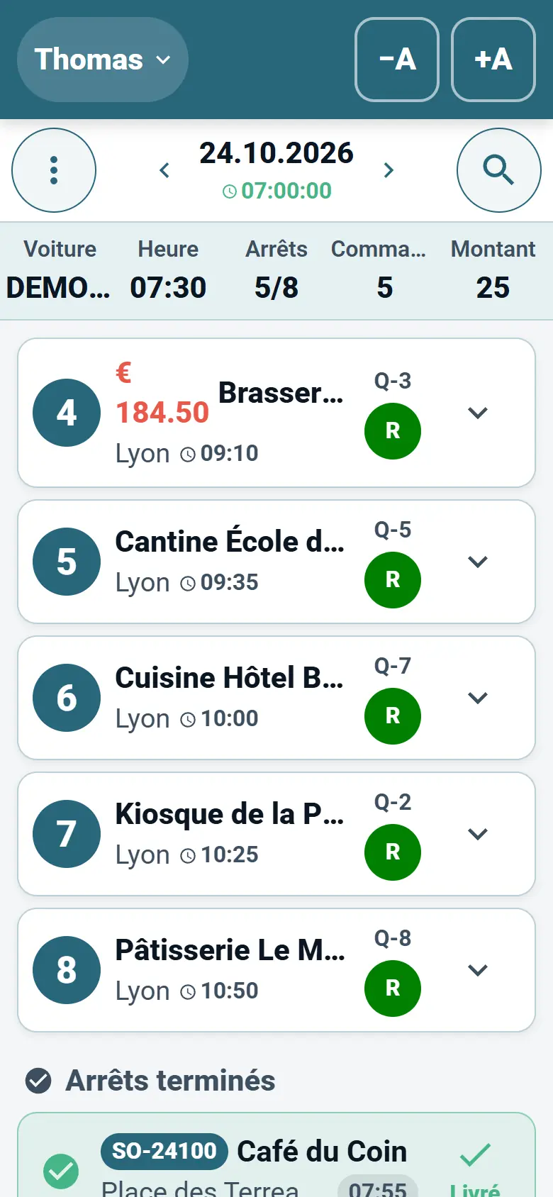 Application chauffeur OptiRoutes affichant la tournée du jour sous forme de liste d’arrêts de livraison