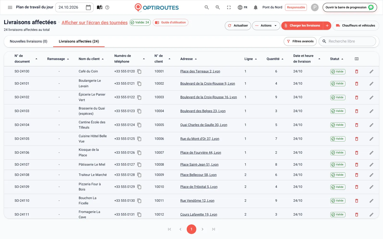 Écran des livraisons d’OptiRoutes avec une liste de livraisons et leur statut d’adresse