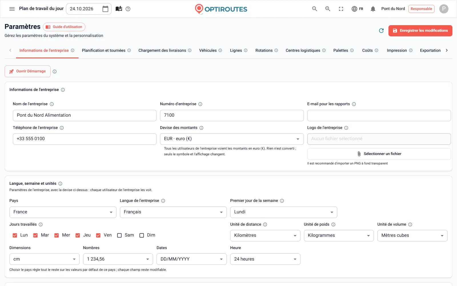 Écran des paramètres d’OptiRoutes avec la langue de l’entreprise, la devise, les unités et le premier jour de la semaine