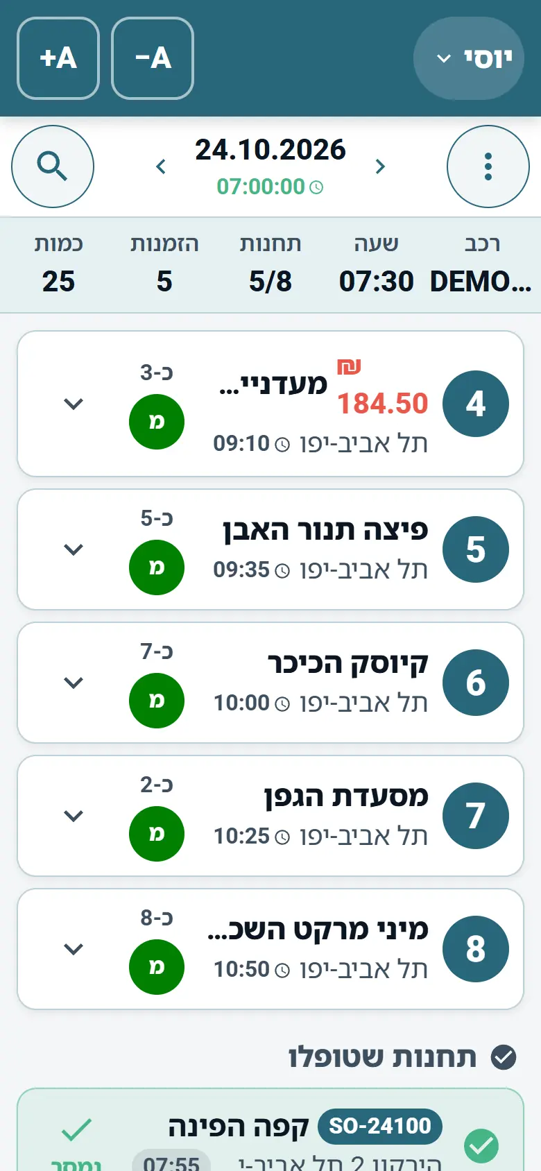 אפליקציית הנהג של OptiRoutes מציגה את מסלול היום כרשימה של תחנות משלוח
