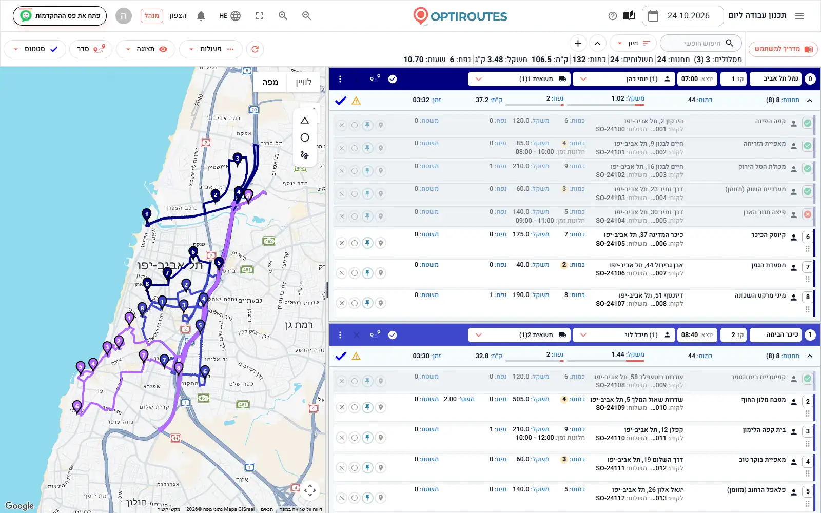 מסך המסלולים של OptiRoutes עם שלושה מסלולי הפצה צבעוניים על מפה וכרטיסי מסלול לצידה
